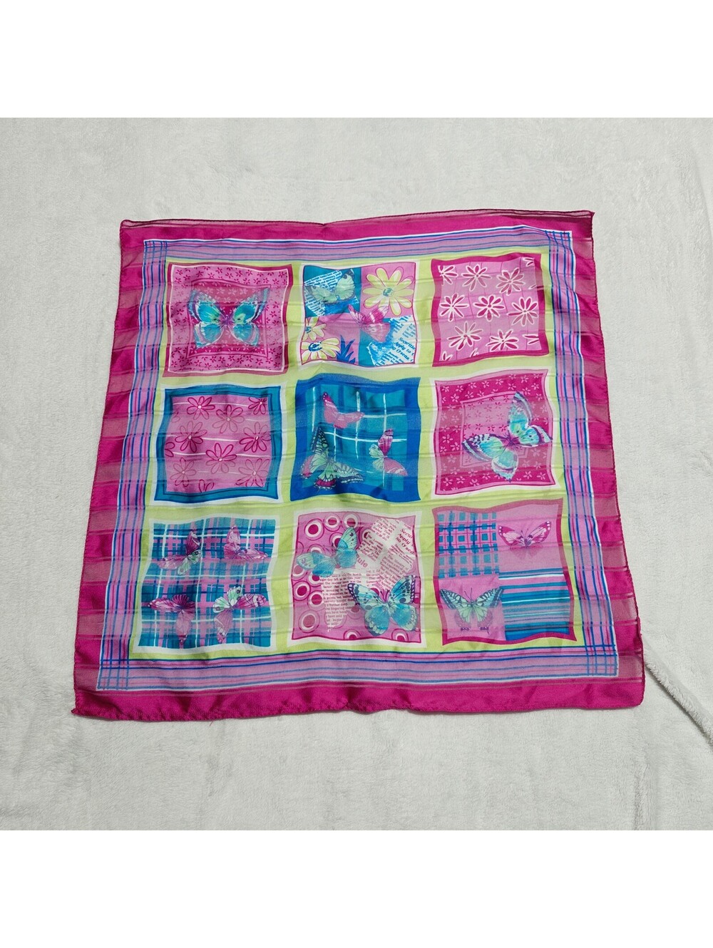 Y2K pink and green patchwork scarf with plaid polkadots stripes and butterflies